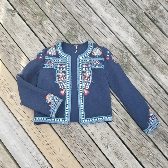 Vintage Temperance Navy Blue Quilted Jewelled Blazer, Size M - Picture 6 of 12